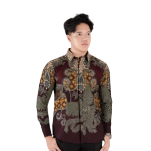 Batik Nawilis Kemeja Katun Pria SlimFit Lapis Furing Tricot Premium Motif CANDHA LOHITA BURGUNDY